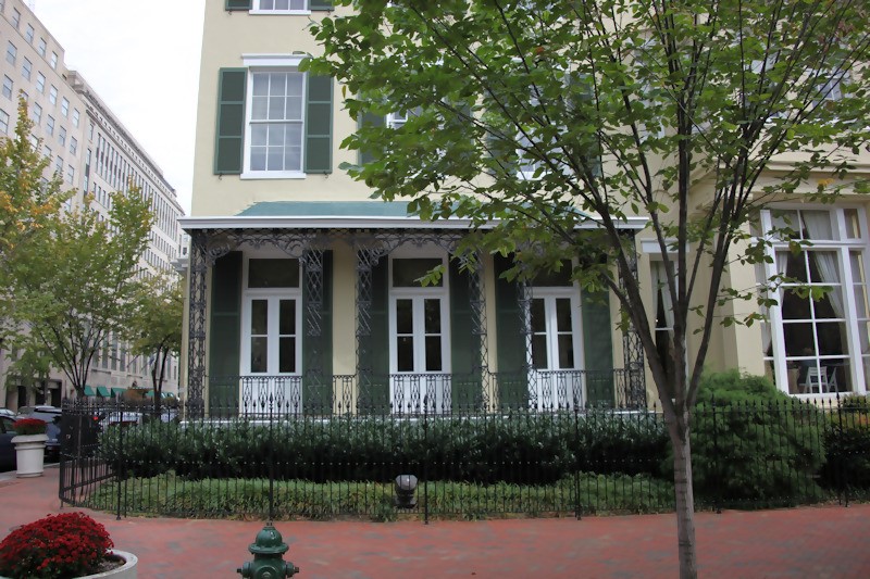 The exterior of the Cutts-Madison house of Lafayette Square, showing the veranda, trees and the porch Dolly Madisons ghost still haunts.